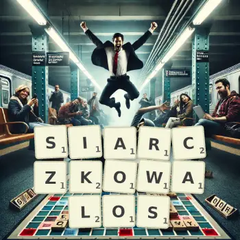 Kreatywna ilustracja do gry w Scrabble ze słowem SIARCZKOWALOS ułożonym z płytek na planszy.