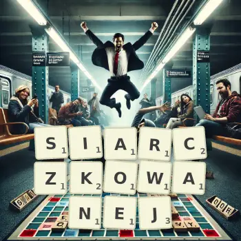 Kreatywna ilustracja do gry w Scrabble ze słowem SIARCZKOWANEJ ułożonym z płytek na planszy.