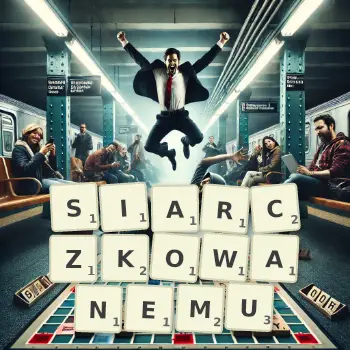 Kreatywna ilustracja do gry w Scrabble ze słowem SIARCZKOWANEMU ułożonym z płytek na planszy.