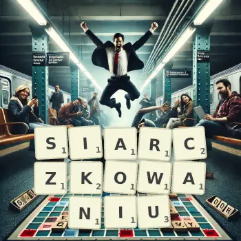 Kreatywna ilustracja do gry w Scrabble ze słowem SIARCZKOWANIU ułożonym z płytek na planszy.
