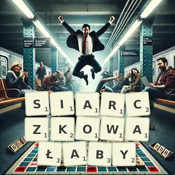 Kreatywna ilustracja do gry w Scrabble ze słowem SIARCZKOWAŁABY ułożonym z płytek na planszy.