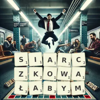 Kreatywna ilustracja do gry w Scrabble ze słowem SIARCZKOWAŁABYM ułożonym z płytek na planszy.