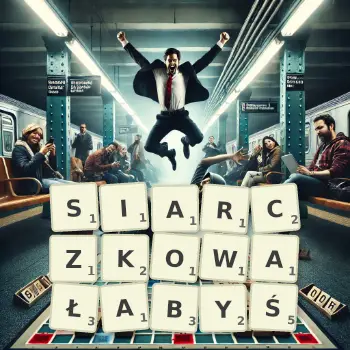 Kreatywna ilustracja do gry w Scrabble ze słowem SIARCZKOWAŁABYŚ ułożonym z płytek na planszy.