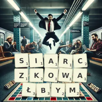 Kreatywna ilustracja do gry w Scrabble ze słowem SIARCZKOWAŁBYM ułożonym z płytek na planszy.