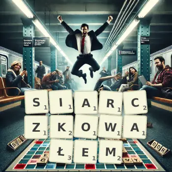 Kreatywna ilustracja do gry w Scrabble ze słowem SIARCZKOWAŁEM ułożonym z płytek na planszy.