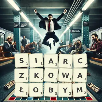 Kreatywna ilustracja do gry w Scrabble ze słowem SIARCZKOWAŁOBYM ułożonym z płytek na planszy.