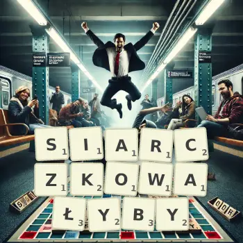 Kreatywna ilustracja do gry w Scrabble ze słowem SIARCZKOWAŁYBY ułożonym z płytek na planszy.