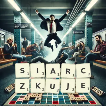 Kreatywna ilustracja do gry w Scrabble ze słowem SIARCZKUJE ułożonym z płytek na planszy.
