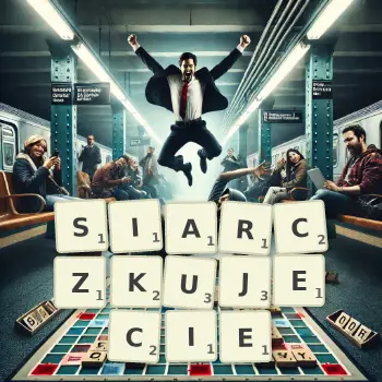 Kreatywna ilustracja do gry w Scrabble ze słowem SIARCZKUJECIE ułożonym z płytek na planszy.