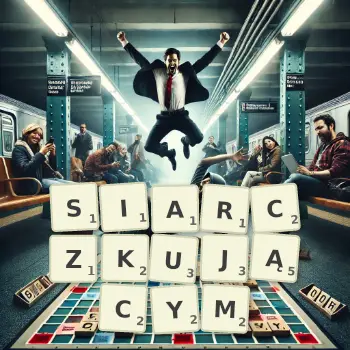 Kreatywna ilustracja do gry w Scrabble ze słowem SIARCZKUJĄCYM ułożonym z płytek na planszy.