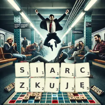 Kreatywna ilustracja do gry w Scrabble ze słowem SIARCZKUJĘ ułożonym z płytek na planszy.