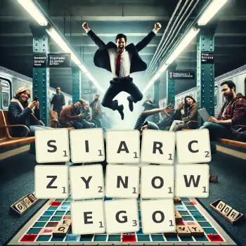 Kreatywna ilustracja do gry w Scrabble ze słowem SIARCZYNOWEGO ułożonym z płytek na planszy.