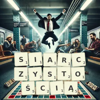 Kreatywna ilustracja do gry w Scrabble ze słowem SIARCZYSTOŚCIĄ ułożonym z płytek na planszy.