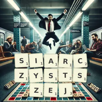 Kreatywna ilustracja do gry w Scrabble ze słowem SIARCZYSTSZEJ ułożonym z płytek na planszy.