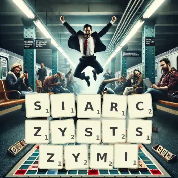 Kreatywna ilustracja do gry w Scrabble ze słowem SIARCZYSTSZYMI ułożonym z płytek na planszy.