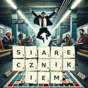 Kreatywna ilustracja do gry w Scrabble ze słowem SIARECZNIKIEM ułożonym z płytek na planszy.