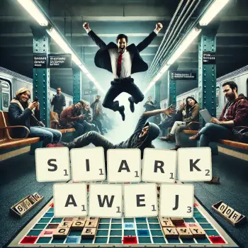 Kreatywna ilustracja do gry w Scrabble ze słowem SIARKAWEJ ułożonym z płytek na planszy.