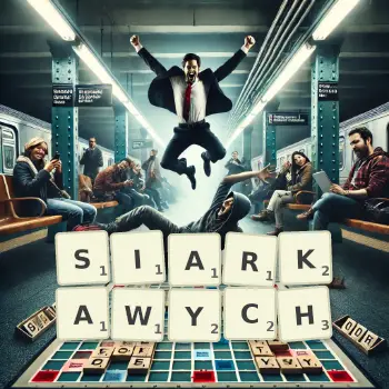 Kreatywna ilustracja do gry w Scrabble ze słowem SIARKAWYCH ułożonym z płytek na planszy.