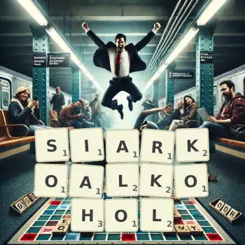 Kreatywna ilustracja do gry w Scrabble ze słowem SIARKOALKOHOL ułożonym z płytek na planszy.