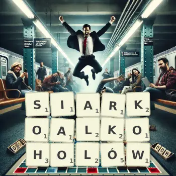 Kreatywna ilustracja do gry w Scrabble ze słowem SIARKOALKOHOLÓW ułożonym z płytek na planszy.