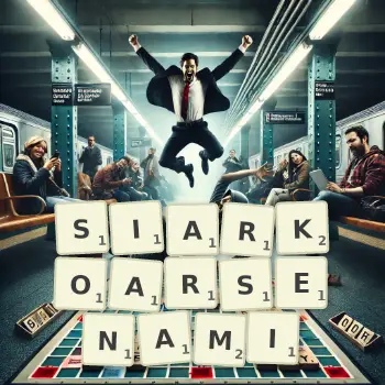 Kreatywna ilustracja do gry w Scrabble ze słowem SIARKOARSENAMI ułożonym z płytek na planszy.