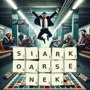 Kreatywna ilustracja do gry w Scrabble ze słowem SIARKOARSENEK ułożonym z płytek na planszy.