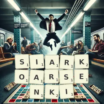 Kreatywna ilustracja do gry w Scrabble ze słowem SIARKOARSENKI ułożonym z płytek na planszy.