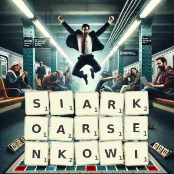 Kreatywna ilustracja do gry w Scrabble ze słowem SIARKOARSENKOWI ułożonym z płytek na planszy.