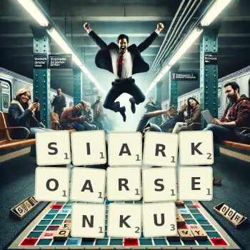 Kreatywna ilustracja do gry w Scrabble ze słowem SIARKOARSENKU ułożonym z płytek na planszy.