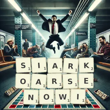 Kreatywna ilustracja do gry w Scrabble ze słowem SIARKOARSENOWI ułożonym z płytek na planszy.