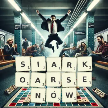 Kreatywna ilustracja do gry w Scrabble ze słowem SIARKOARSENÓW ułożonym z płytek na planszy.
