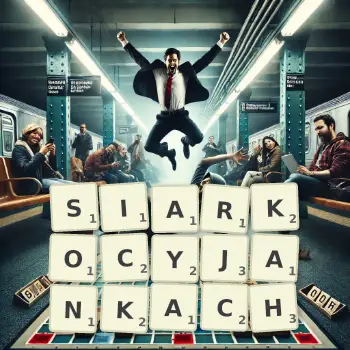 Kreatywna ilustracja do gry w Scrabble ze słowem SIARKOCYJANKACH ułożonym z płytek na planszy.