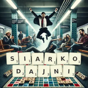 Kreatywna ilustracja do gry w Scrabble ze słowem SIARKODAJNI ułożonym z płytek na planszy.