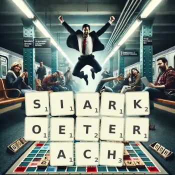 Kreatywna ilustracja do gry w Scrabble ze słowem SIARKOETERACH ułożonym z płytek na planszy.