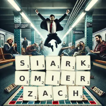 Kreatywna ilustracja do gry w Scrabble ze słowem SIARKOMIERZACH ułożonym z płytek na planszy.