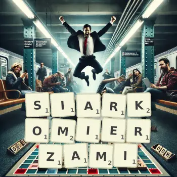 Kreatywna ilustracja do gry w Scrabble ze słowem SIARKOMIERZAMI ułożonym z płytek na planszy.