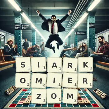 Kreatywna ilustracja do gry w Scrabble ze słowem SIARKOMIERZOM ułożonym z płytek na planszy.