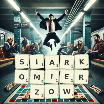 Kreatywna ilustracja do gry w Scrabble ze słowem SIARKOMIERZOW ułożonym z płytek na planszy.