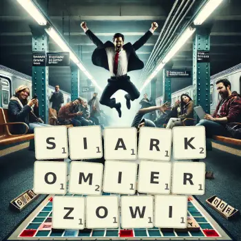 Kreatywna ilustracja do gry w Scrabble ze słowem SIARKOMIERZOWI ułożonym z płytek na planszy.