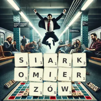 Kreatywna ilustracja do gry w Scrabble ze słowem SIARKOMIERZÓW ułożonym z płytek na planszy.