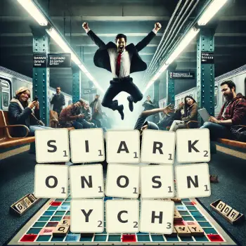 Kreatywna ilustracja do gry w Scrabble ze słowem SIARKONOSNYCH ułożonym z płytek na planszy.