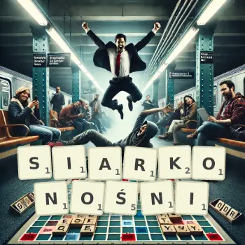 Kreatywna ilustracja do gry w Scrabble ze słowem SIARKONOŚNI ułożonym z płytek na planszy.