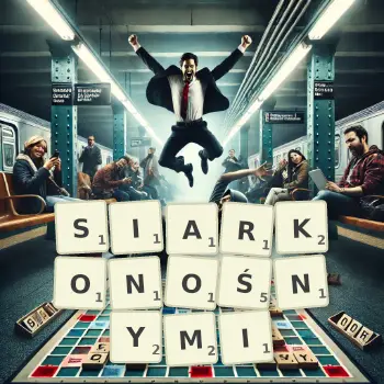Kreatywna ilustracja do gry w Scrabble ze słowem SIARKONOŚNYMI ułożonym z płytek na planszy.