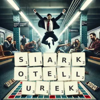 Kreatywna ilustracja do gry w Scrabble ze słowem SIARKOTELLUREK ułożonym z płytek na planszy.