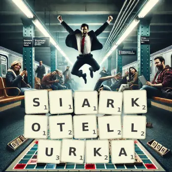 Kreatywna ilustracja do gry w Scrabble ze słowem SIARKOTELLURKA ułożonym z płytek na planszy.