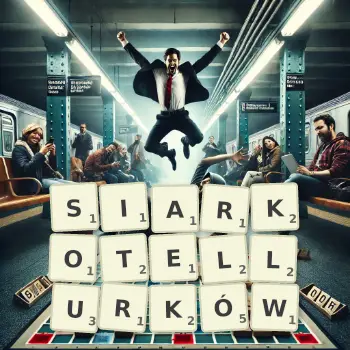 Kreatywna ilustracja do gry w Scrabble ze słowem SIARKOTELLURKÓW ułożonym z płytek na planszy.