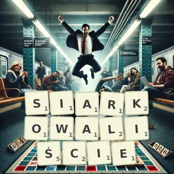 Kreatywna ilustracja do gry w Scrabble ze słowem SIARKOWALIŚCIE ułożonym z płytek na planszy.