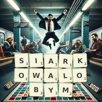 Kreatywna ilustracja do gry w Scrabble ze słowem SIARKOWALOBYM ułożonym z płytek na planszy.