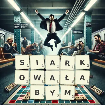 Kreatywna ilustracja do gry w Scrabble ze słowem SIARKOWAŁABYM ułożonym z płytek na planszy.