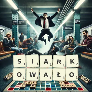 Kreatywna ilustracja do gry w Scrabble ze słowem SIARKOWAŁO ułożonym z płytek na planszy.